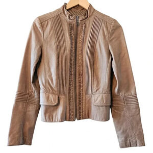 Danier Women's Ruffled Boho Leather Moto Casual Jacket Biker Sand Tan Size XS.